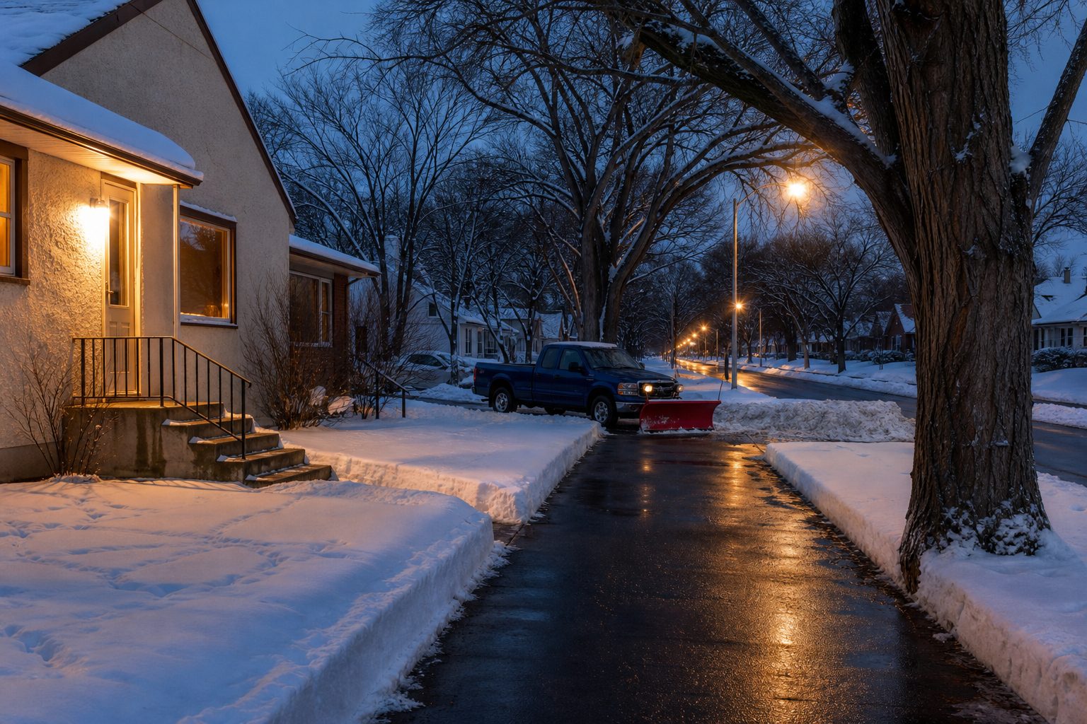 Freshly cleared driveway and front walk on a Winnipeg street at dawn